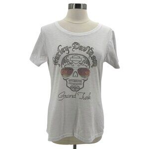 Harley Davidson Womens Large Top Grand Turk Rhinestone Bling Skull White Tee